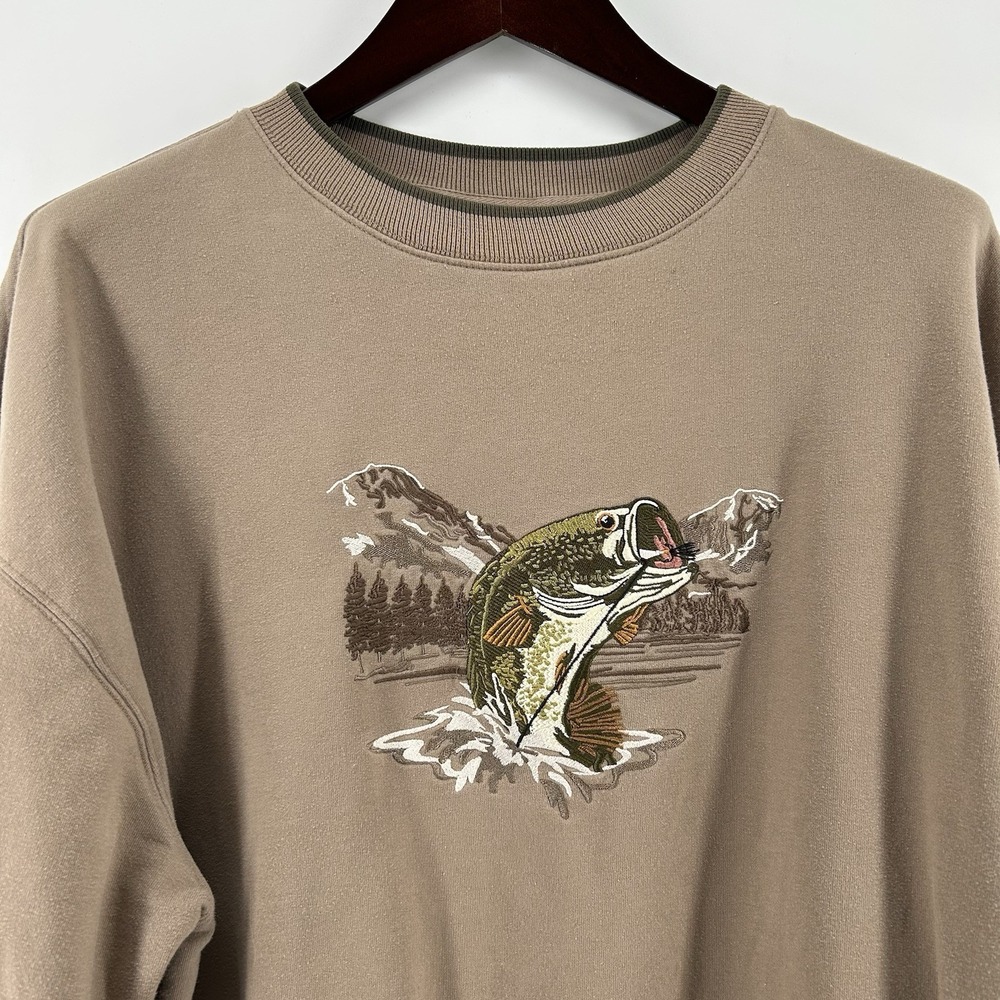 MC Sport Fishing Sweatshirt Mens XXL Bass Embroidered Brown Outdoor Y2K Lodge - Picture 2 of 9